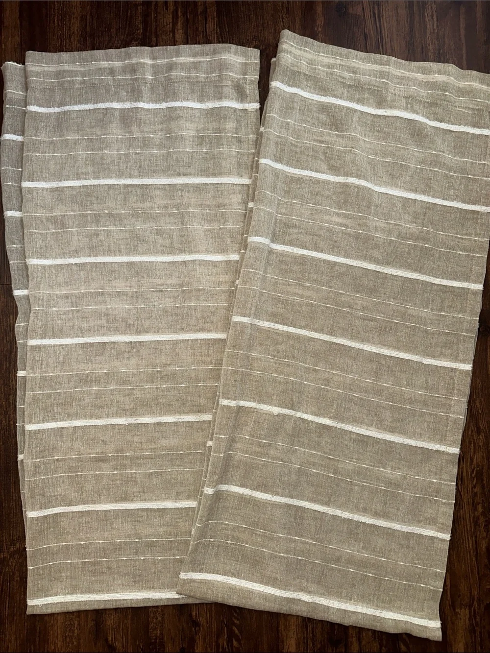 2 curtain panels beige white stripe 37” x 84” Like new linen burlap blend